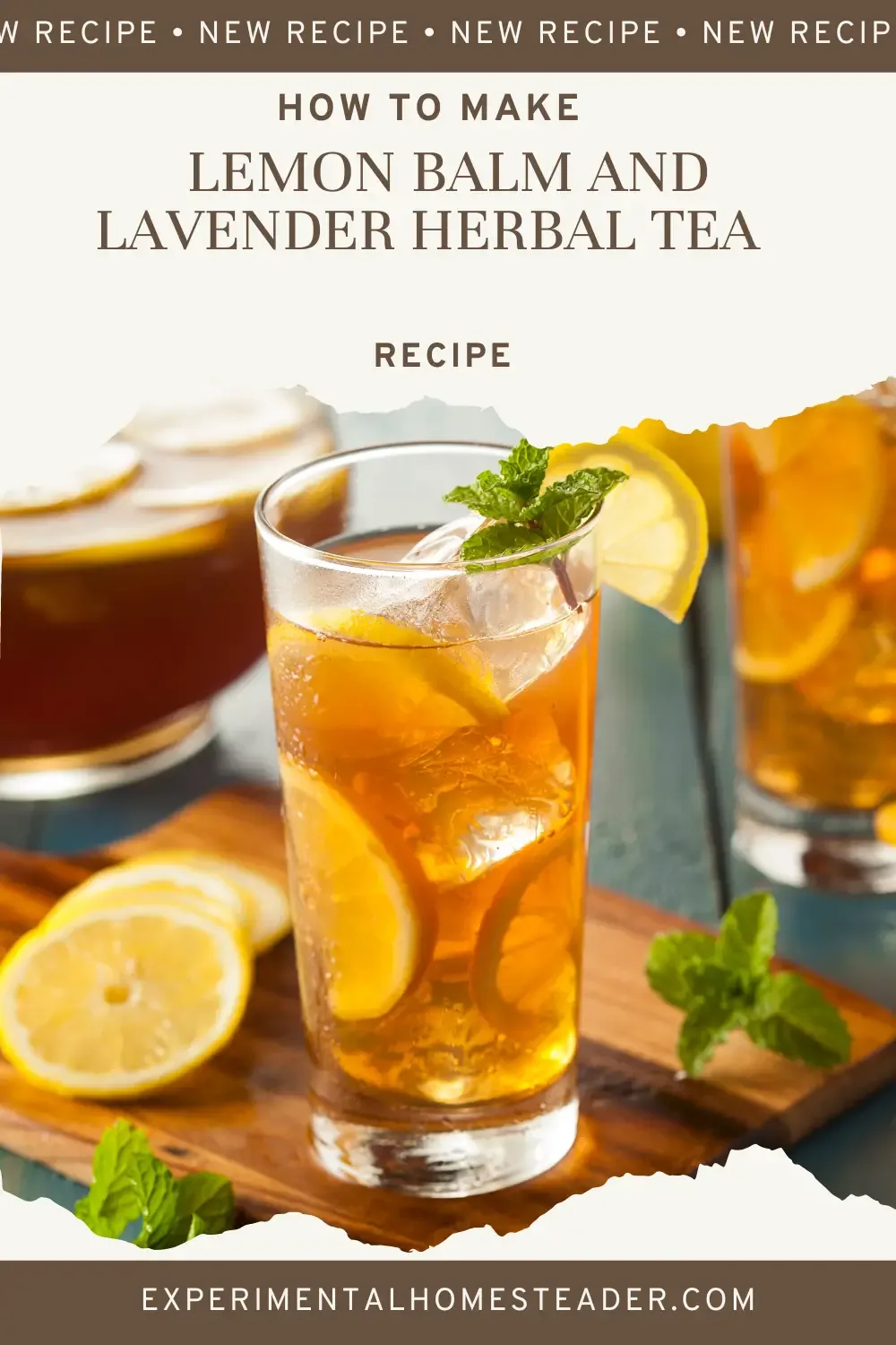 Ice tea in a pitcher and in a glass with ice, lemon slices and lemon balm.