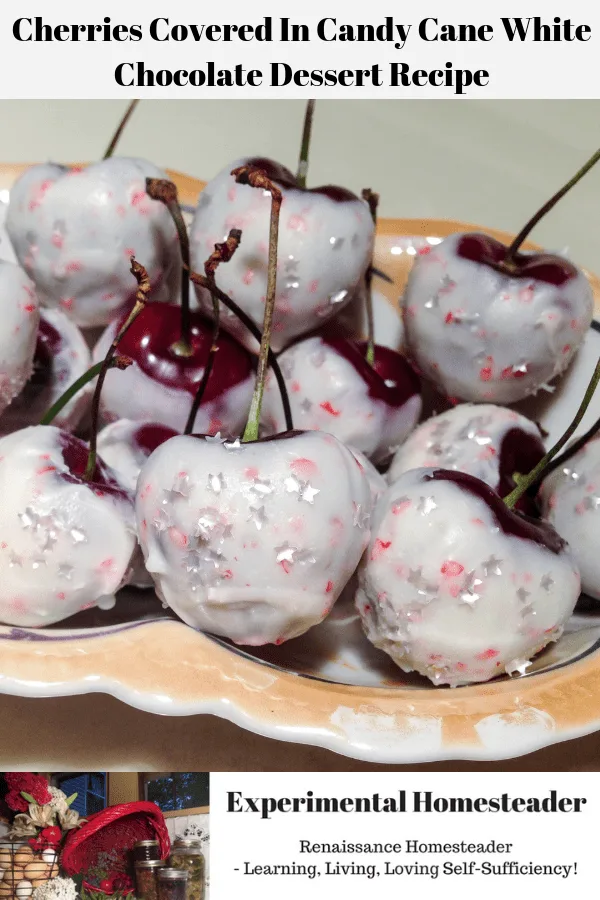 White candy cane covered chocolate cherries with edible silver stars sitting on a plate.