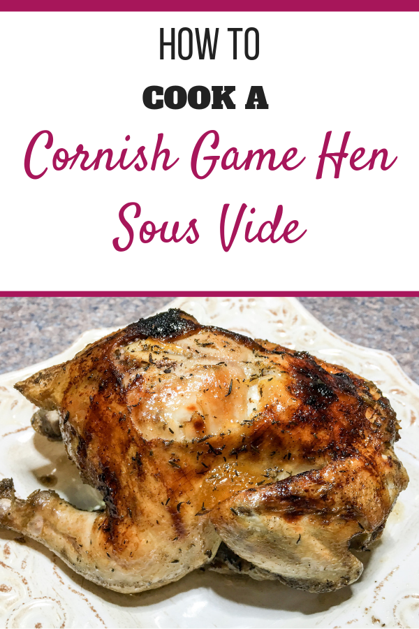A completely cooked Cornish hen with a crisp skin resting on a plate.