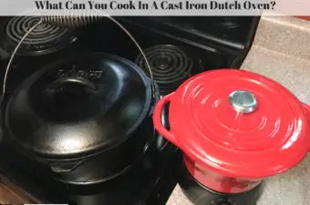 A Lodge 5 quart cast iron dutch oven and a cast iron crock pot sitting side by side on my stove.
