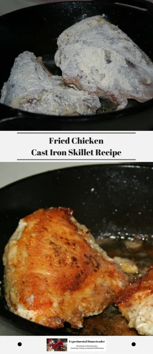 The top photo is a uncooked chicken breasts covered in seasoned flour starting to cook in a cast iron skillet. The bottom photo is of browned fried chicken breasts in a cast iron skillet.