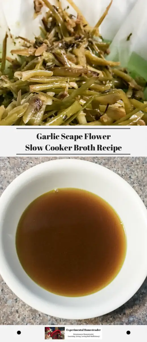 The top photos shows the cooked garlic scapes and flowers. The bottom photo shows the finished broth in a bowl.