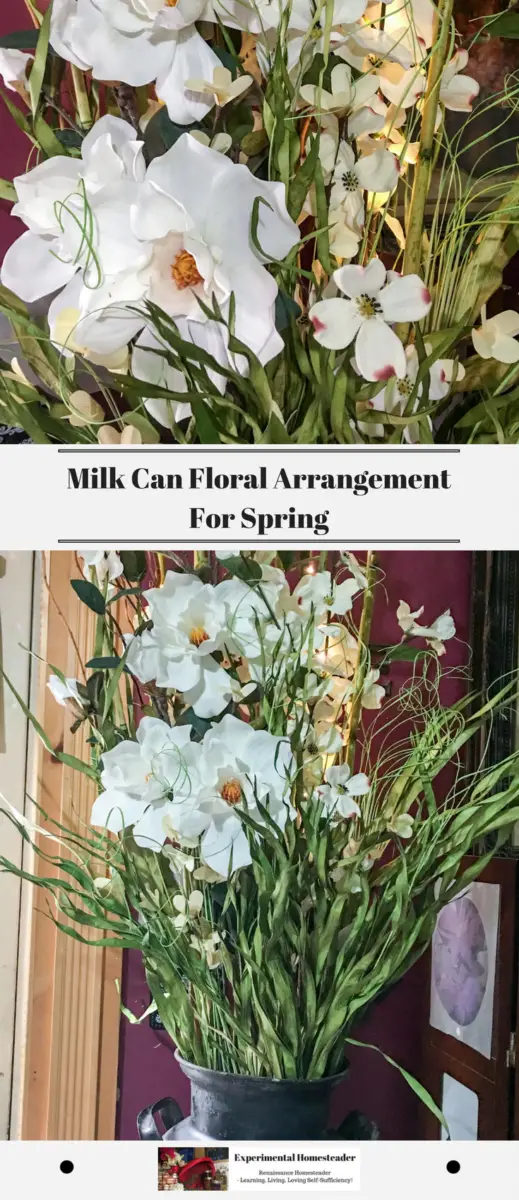 White Magnolia and white Dogwood silk flowers made into a floral arrangement. The top photos is a close-up of the flowers and the bottom photo shows the flowers in the black antique milk can.