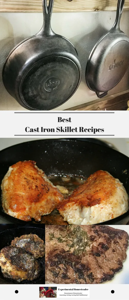 Cast iron skillets hanging on a wall and fried chicken in a cast iron skillet.