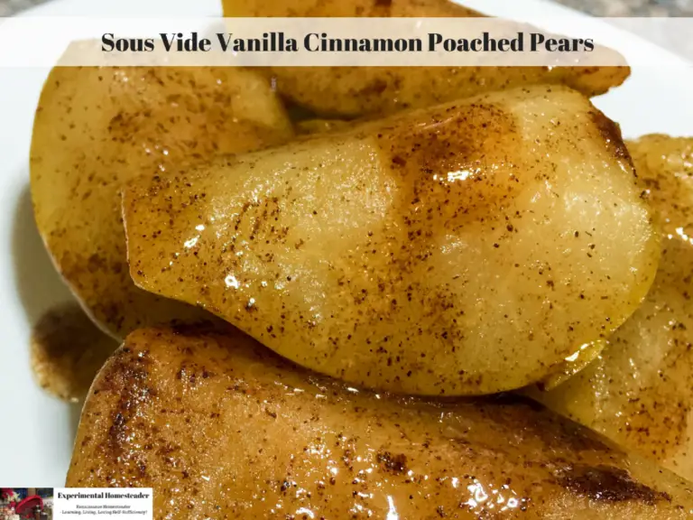 Sous Vide Vanilla Cinnamon Poached Pears on a plate.