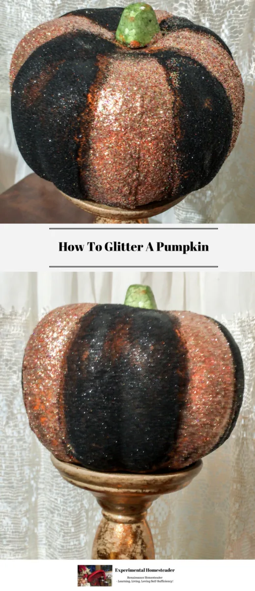 A closeup and a far away view of a gold and black glittered pumpkin.