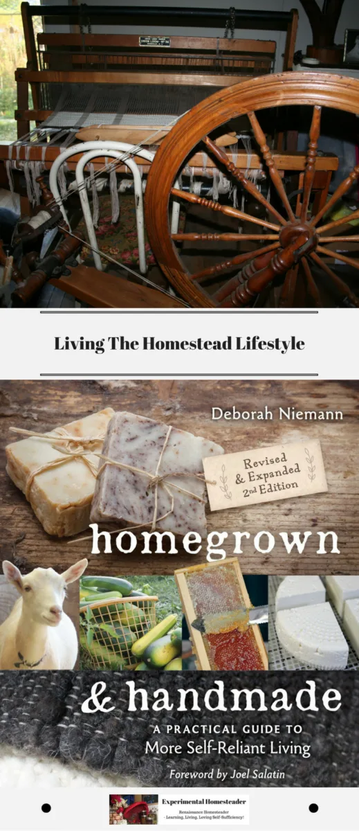 The top photo shows my spinning wheel and floor loom. The bottom photo shows Deborah Niemann's book.