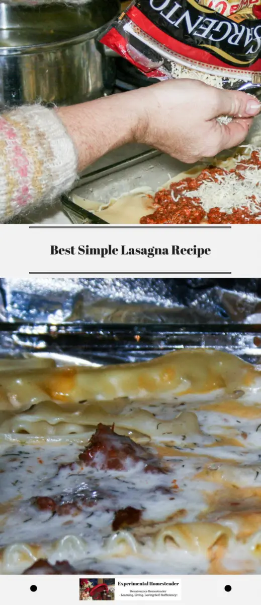The top photo shows the cheese being put on the lasagna. The bottom photo shows the baked lasagna in a 13 x 9 glass pan.