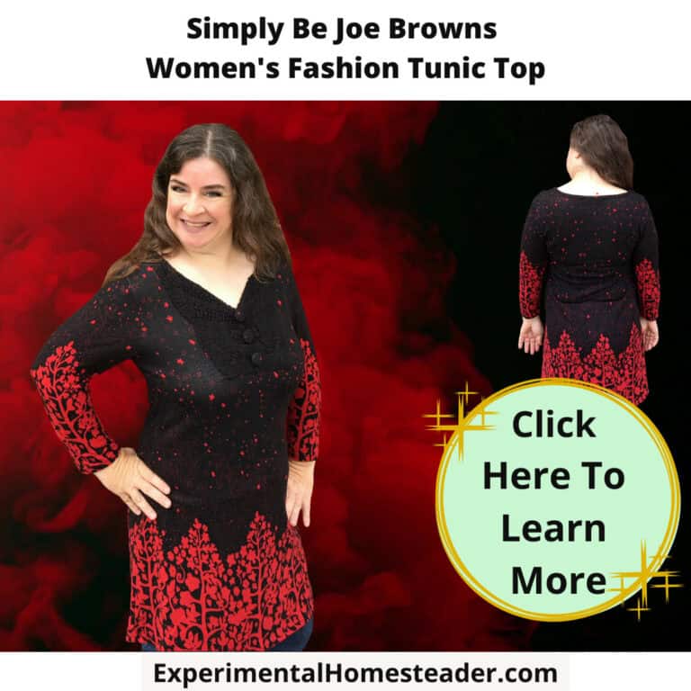 Women's fashion tunic top with red and black floral design, perfect for fall style.