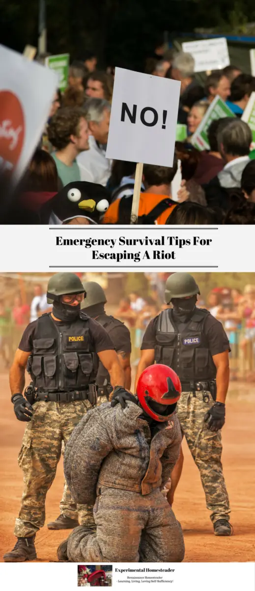 The top photo is protestors holding a sign that says no. The bottom photo shows a man being arrested and police offers wearing tactical clothes.