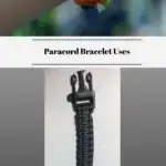 The top photo is an orange paracord bracelet on a wrist. The bottom photo is a black paracord bracelet laying on a table.