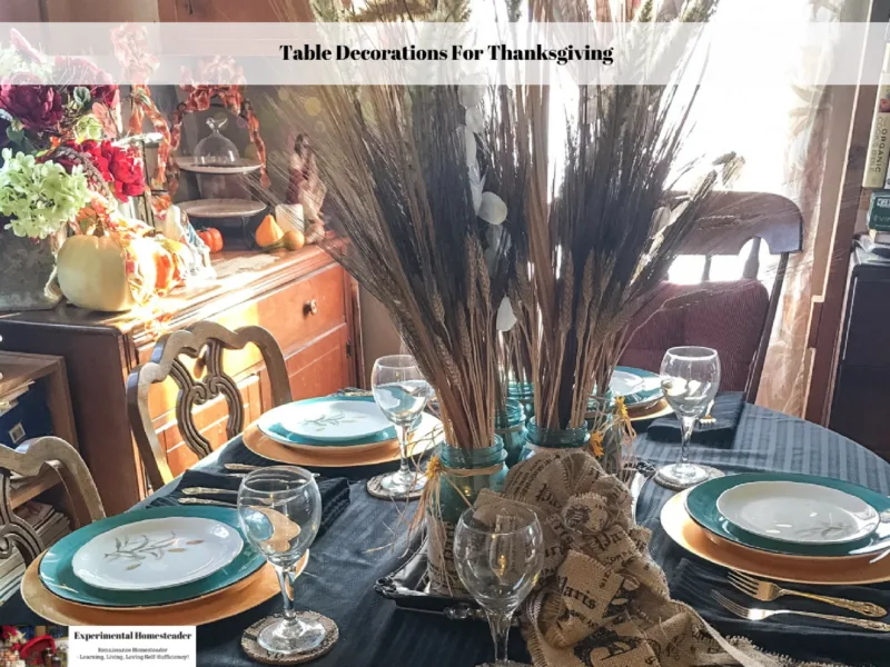 A Thanksgiving table set with dishes and a centerpiece.