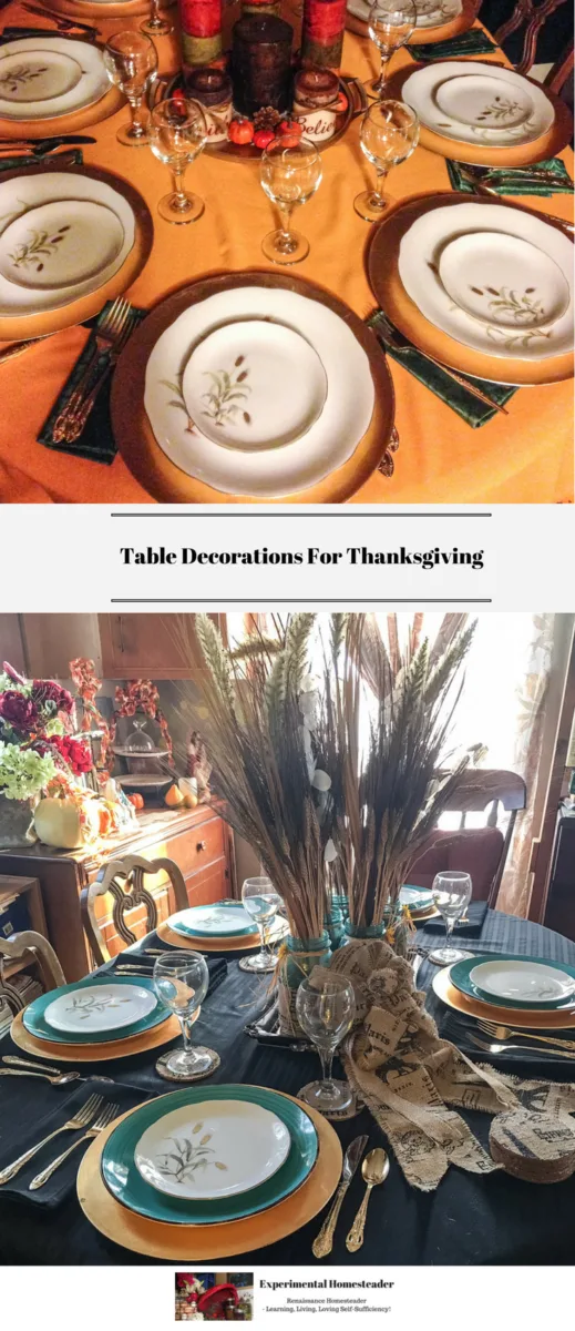 Two different Thanksgiving tables set with dishes and a centerpiece.