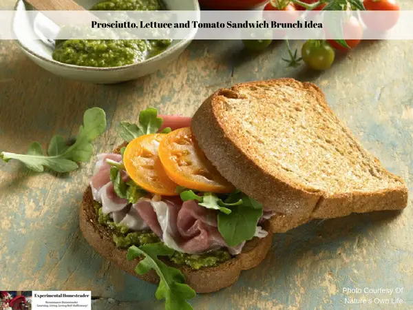A prosciutto, lettuce and tomato sandwich on a plate with a bowl of pesto, fresh lettuce and whole tomatoes sitting off to the side.