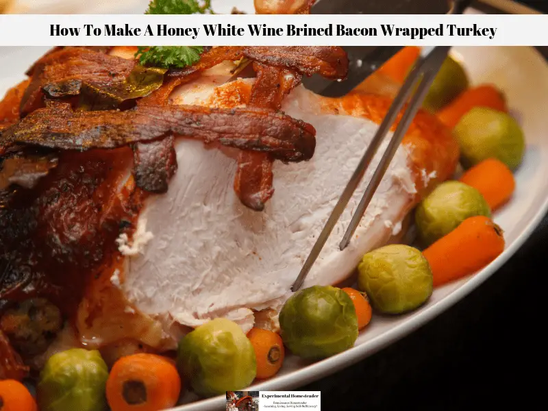 A bacon wrapped turkey on a platter being carved with Brussels sprouts and carrots on the edges of the platter.