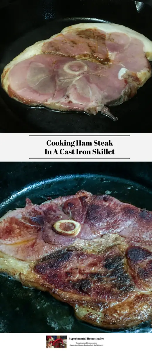 A raw ham steak in the top photo. A ham steak cooking in a cast iron skillet in the bottom photo.