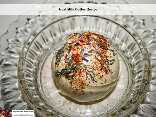 Goat Milk Butter in a butter dish decorated with a sprinkling of paprika and dill weed.