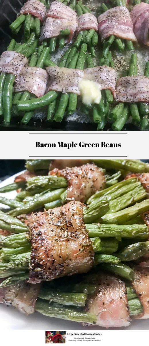 The top photo is bacon wrapped maple green beans, wrapped with a dash of butter on top ready to go into the oven to bake. The bottom photo is bacon maple green beans stacked on a white plate.