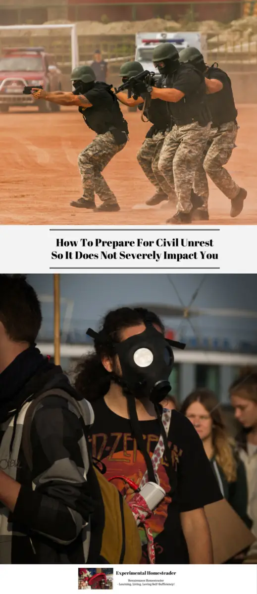 The top photo shows four police officers with guns drawn. An ambulance and fire truck with lights on are in the background. The bottom photo shows a woman in a gas mask and other people standing around her facing away from the camera.