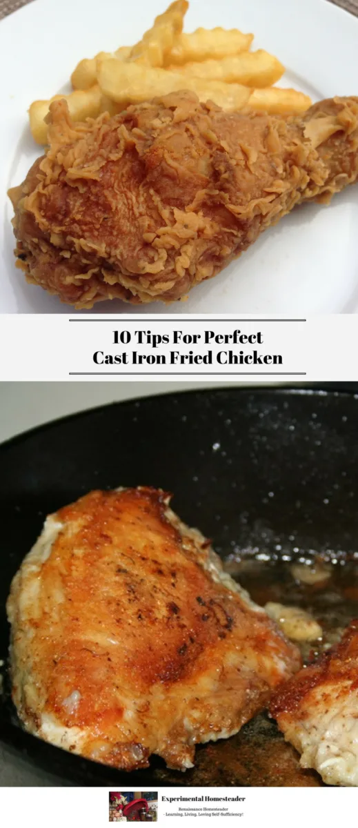 The top photo is a double fried chicken wing on a white plate with French fries. The bottom photo is nicely browned chicken breasts frying in a cast iron skillet.