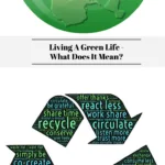 The top photo is a green globe with the words Go Green on it. The bottom photo is a recycle symbol with words in it on how to live a greener life.