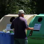 A man in front of recycle bins with his trash can filled full of recyclable material.