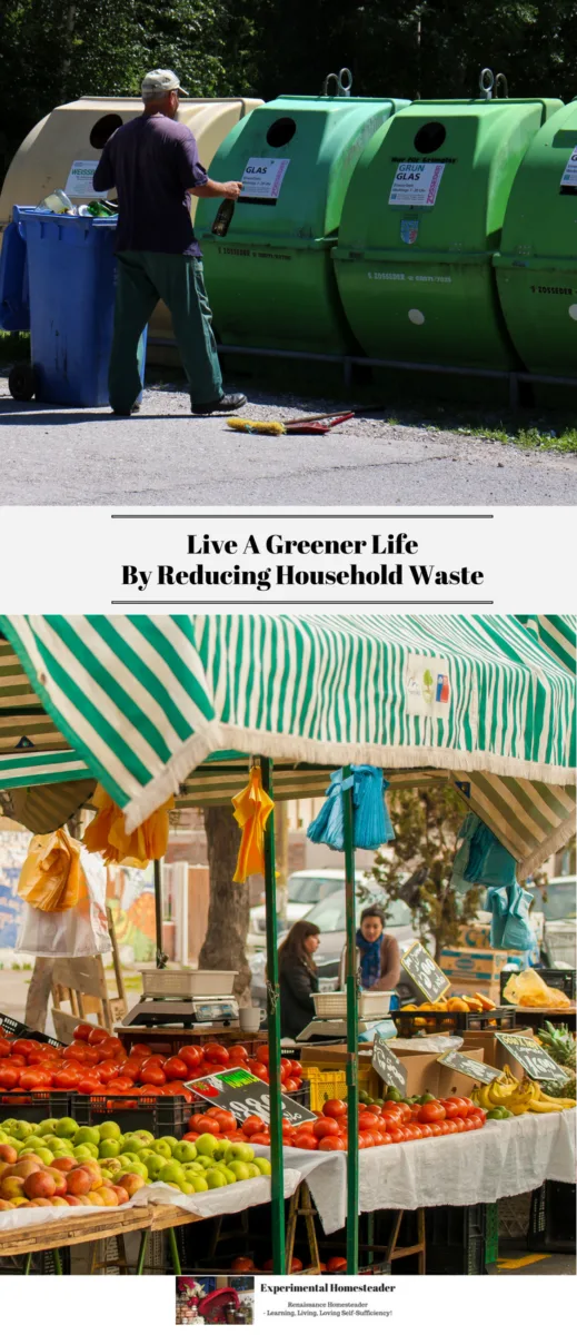 The top photo is a man in front of recycle bins with his trash can filled full of recyclable material. The bottom photo was taken at a farmers market and shows cloth bags as well as unpackaged fresh vegetables for sale.