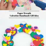 The top photo is showing a Valentines Day wreath being put together with hot glue. The bottom photo shows a completed paper wreath for Valentines Day!