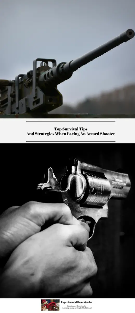 The top photo is a gun resting on a stand. The bottom photo shows someone holding a handgun.