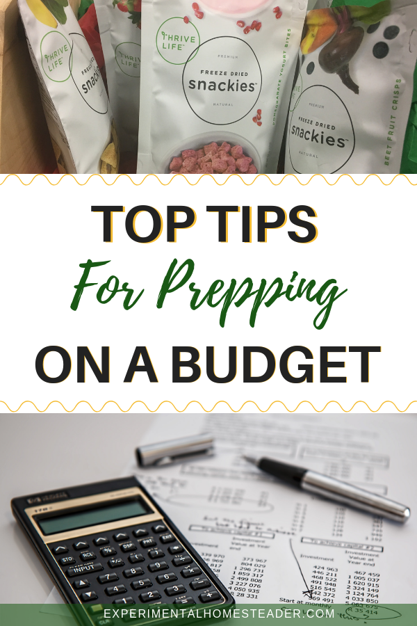 The top photo shows freeze dried food in its packaging. The bottom photo shows a calculator and a budget on paper.