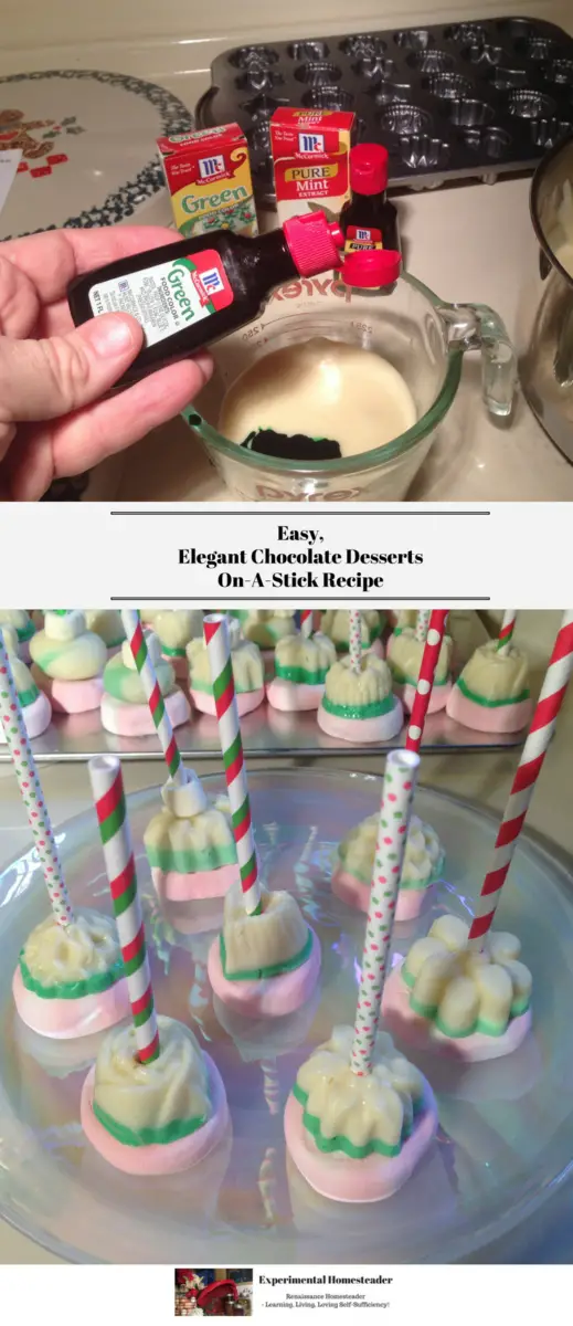 The top photo shows the white chocolate being colored. The bottom photo shows the molded elegant chocolate desserts on a plate.