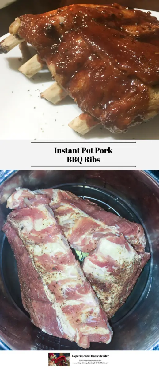 The top photo shows BBQ ribs on a plate ready to be served. The bottom photo shows pork ribs raw inside of an Instant Pot.