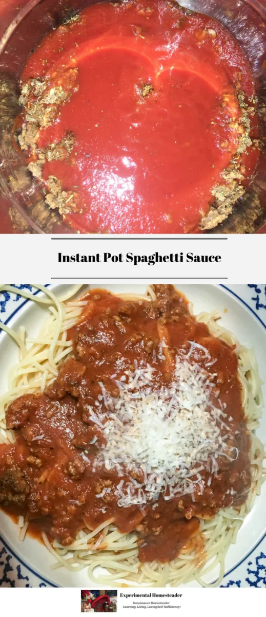 The top photo shows the ingredients for the spaghetti sauce in the Instant Pot. The bottom photo shows cooked spaghetti on plate topped with homemade spaghetti sauce and freshly grated parmesan cheese.