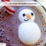 A snowman marshmallow floating in a cup of hot chocolate with a peppermint stir stick beside it.