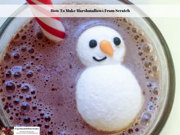 A snowman marshmallow floating in a cup of hot chocolate with a peppermint stir stick beside it.