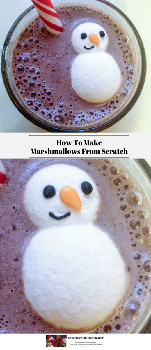The top photo is a snowman marshmallow floating in a cup of hot chocolate with a peppermint stir stick beside it. The bottom photo shows a closeup of the marshmallow snowman floating in the hot chocolate.