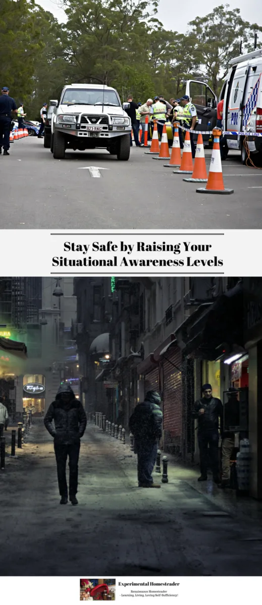 The top photo shows vehicles driving down a street bordered by police offers on either side. The bottom photo is a suspicious person walking down the center of a dark street with a hood pulled over their head.