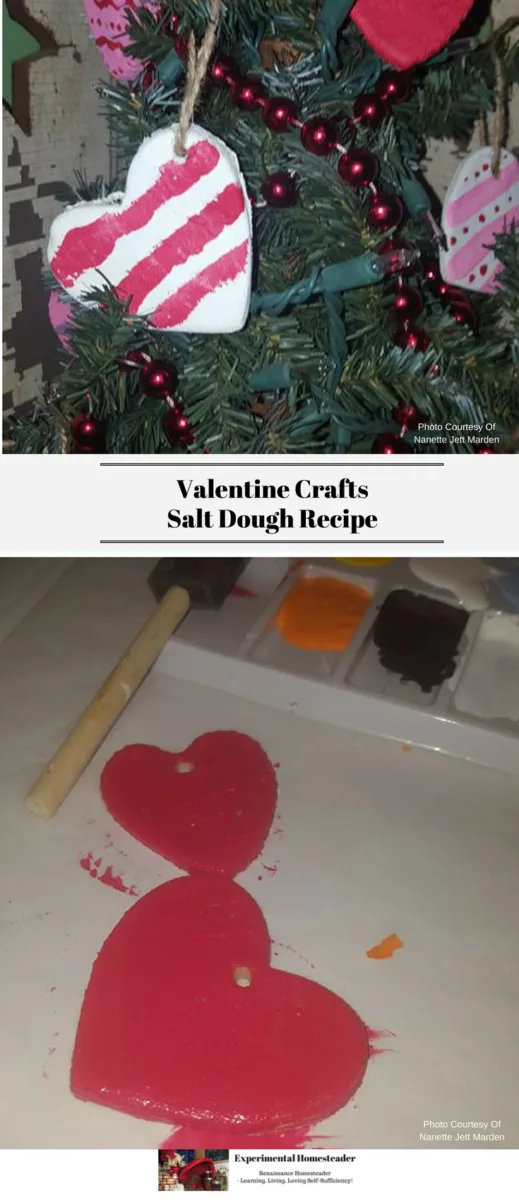The top photo is an evergreen tree decorated with heart shaped ornaments and red beads. The bottom photo show a paint brush, paint and a heart shaped salt dough ornament painted red.