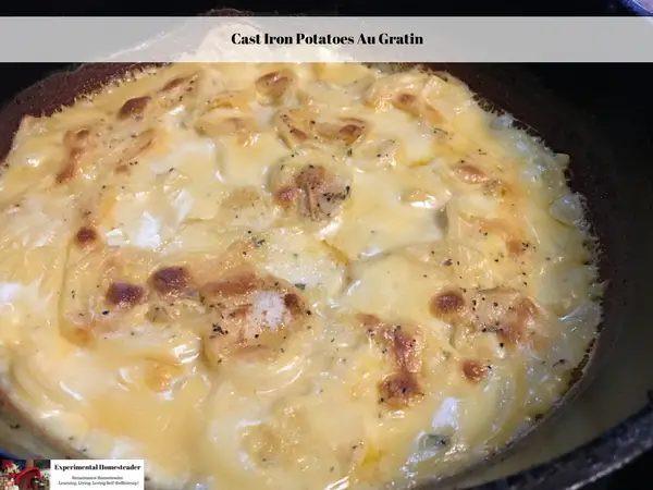 The finished cast iron potatoes au gratin recipe ready to serve.