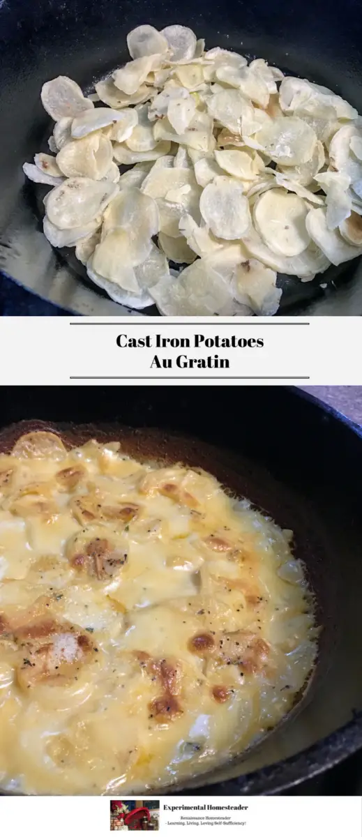 The top photo shows the dehydrated potatoes in a cast iron skillet. The bottom photo shows the finished cast iron potatoes au gratin recipe ready to serve.