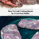 The top photos shows cooked venison bacon. The bottom photo shows raw venison bacon.