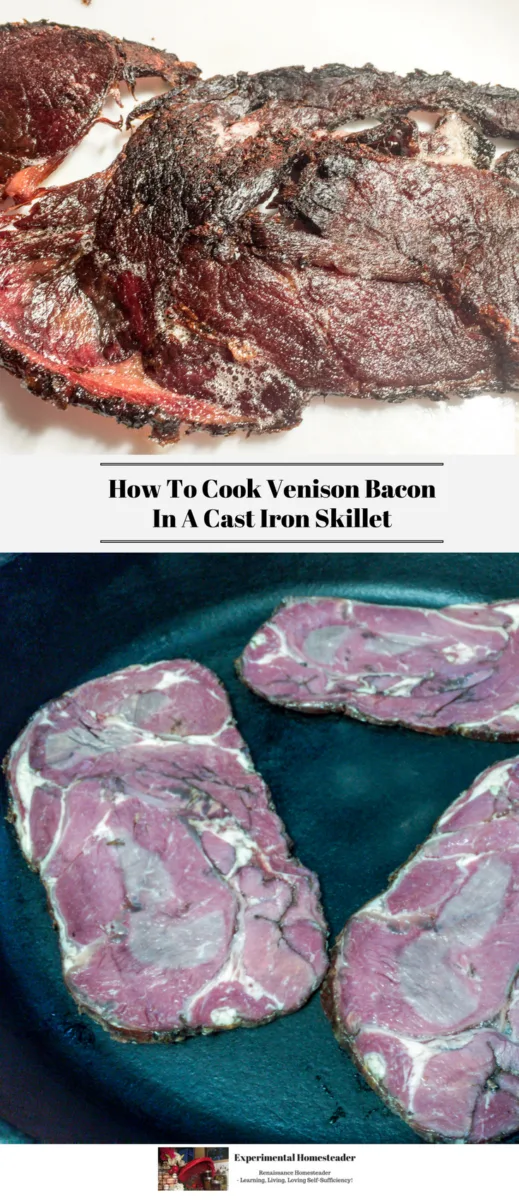 The top photos shows cooked venison bacon. The bottom photo shows raw venison bacon.