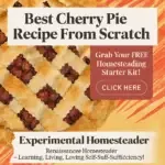 Golden lattice cherry pie with rustic red-orange background and a free Homesteading Starter Kit promo.