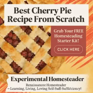 Golden lattice cherry pie with rustic red-orange background and a free Homesteading Starter Kit promo.