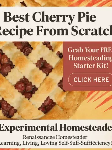 Golden lattice cherry pie with rustic red-orange background and a free Homesteading Starter Kit promo.