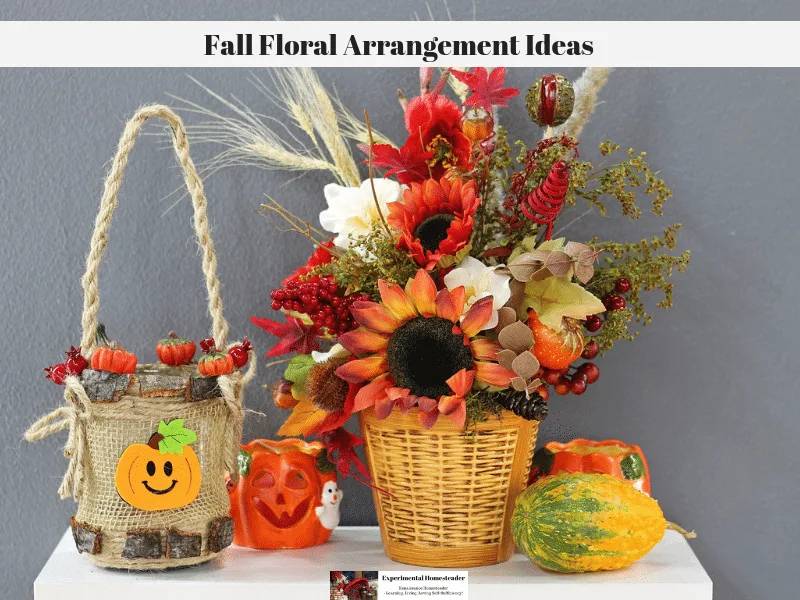 Fall flowers in a wicker basket with a gourd, a ceramic pumpkin and a wicker basket pumpkin sitting on a table.