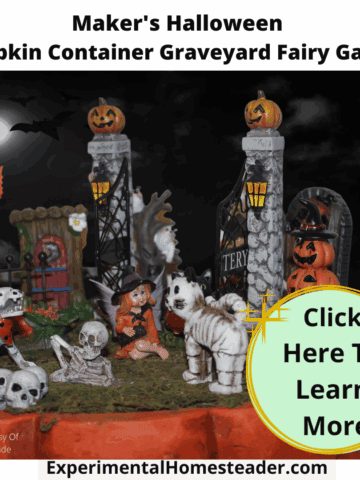 Halloween pumpkin container graveyard fairy garden decor with spooky Halloween figurines and festive decorations.