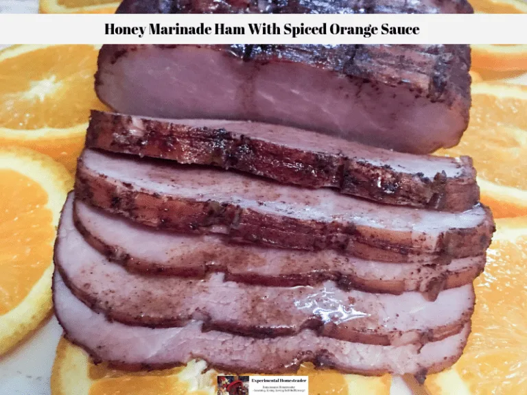 A pre-sliced Frick's Gourmet Ham With Natural Juices glazed with an orange honey sauce and sitting on a platter of orange slices.