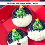 Oreo cookies decorated with a Christmas tree and candy snow on a red plate.