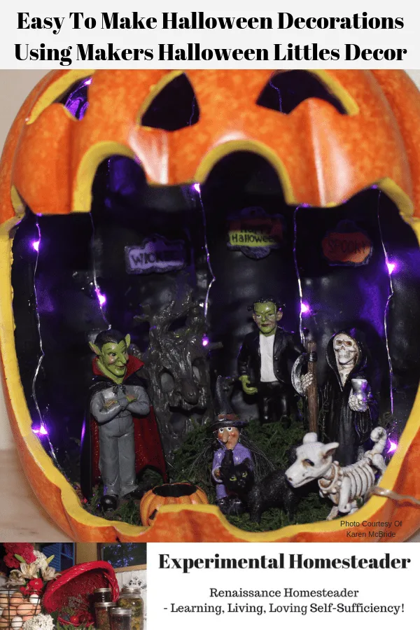 A ready to display Maker's Halloween Littles Jack O'Lantern Container Fairy Garden lit up with purple LED lights.